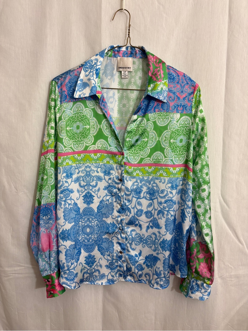 Industry Republic Paisley Colorblock Satin Button-Up Blouse Small - Picture 2 of 6
